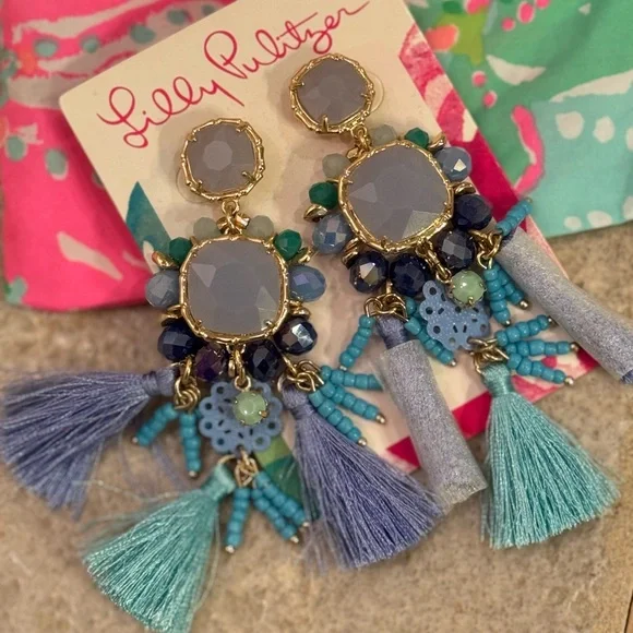 Lily Pulitzer Waterside Earrings Blue and Gold Tassel Earring - Picture 2 of 6